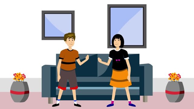 Animated cartoon-style vector video of a boy and a girl in a room, 2D, art, family.