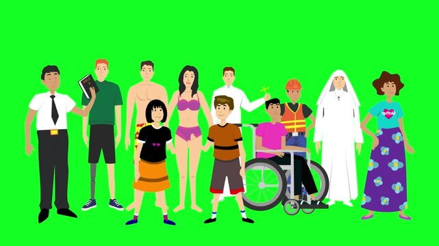 Animated vector video with a group of people in different styles and professions on a green background, 2D, art.