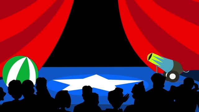 Animation of a circus ring with an audience in cartoon style, art, 2D.