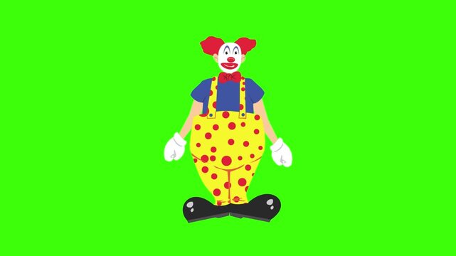 Animation of a clown in colorful clothes on a green background, art, 2D.