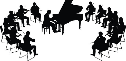 Orchestra silhouette with grand piano and seated musicians playing violin, cello and classical instruments, elegant black vector illustration isolated on white background © MstAnkhi