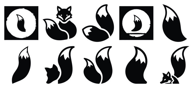 silhouette nature fox tail drawing icons and set of graphics nature elements