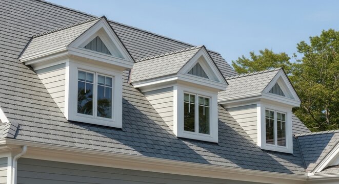 Three white gabled dormer windows on a grey shingled roof of a modern house