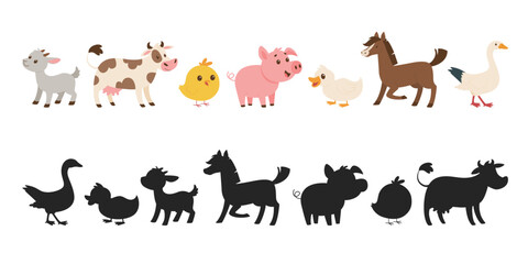 Fototapeta premium Farm animals shadow matching game vector worksheet with cute cartoon livestock characters and silhouette shapes. Preschool educational activity for kids isolated on white background.