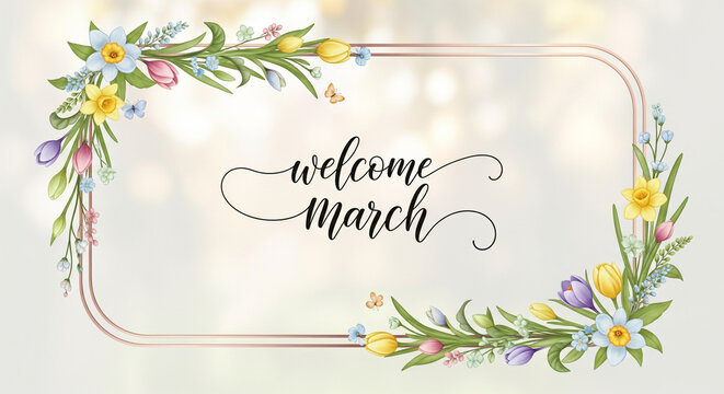 Welcome March floral frame with spring flowers and handwritten calligraphy on white background