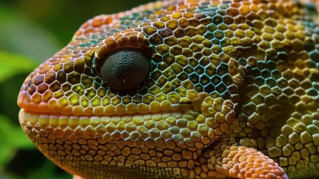 Colorful lizard with vibrant scales facing left in a natural green environment