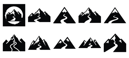 silhouette nature mountain trail drawing icons and set of graphics nature elements © Bipul