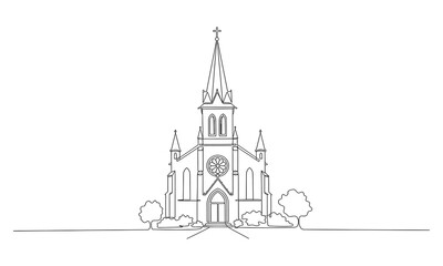 Single continuous line drawing of a church building. Continuous one simple single abstract line drawing of old church icon in silhouette on a white background