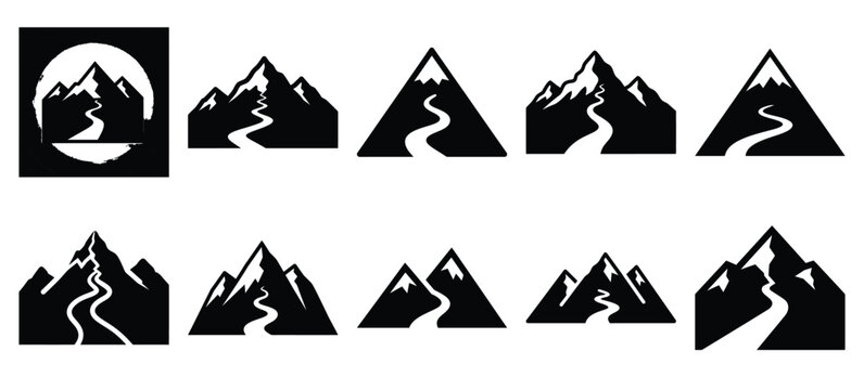 silhouette nature mountain trail drawing icons and set of graphics nature elements