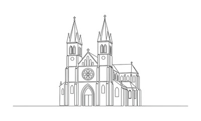 Single continuous line drawing of a church building. Continuous one simple single abstract line drawing of old church icon in silhouette on a white background