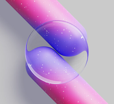 Liquid glass transparent circle frame on abstract color diagonal line 3d background. Clear round banner for text. Overlay circular shape on pink blue gradient stripes, poster design. 3D illustration
