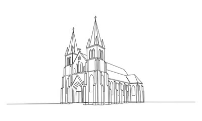Single continuous line drawing of a church building. Continuous one simple single abstract line drawing of old church icon in silhouette on a white background