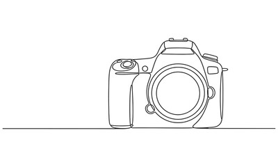 Continuous one line drawing of professional digital camera on a wavy horizontal line. Minimalist contour vector illustration