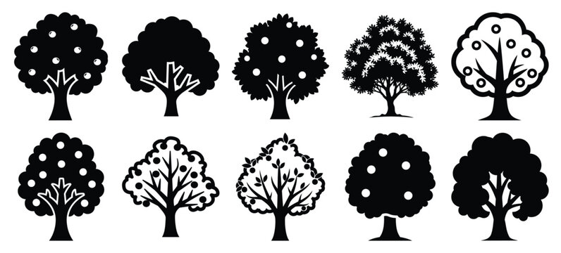 silhouette nature orchard tree drawing icons and set of graphics nature elements