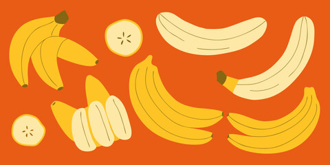 A colorful illustration depicting various shapes and stages of bananas © Ankan