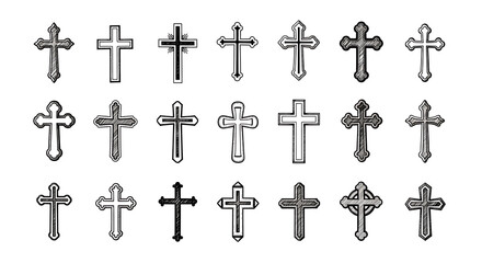 Fototapeta premium Collection of black and white crucifix silhouettes and outlines