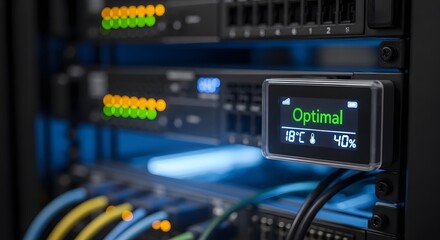 Naklejka premium Server room and digital display panel showing optimal condition, datacenter and technology , modern corporate concept, abstract texture background, copy space