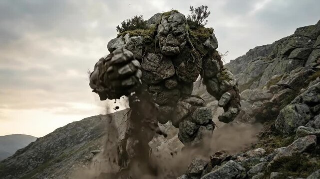 Giant rock golem monster walking on rocky mountain terrain creating debris. Fantasy creature animation for gaming or movie special effects.