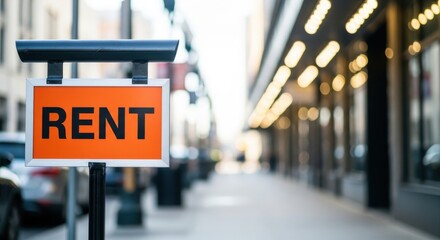 Fototapeta premium Orange Rent Sign on a Blurred City Street Sidewalk for Real Estate Concept