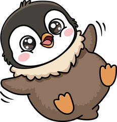 Joyful fluffy Pesto penguin chick waving wings, cute happy kawaii character, king penguin expressing delight and success, cartoon bird vector illustration isolated on white background design.