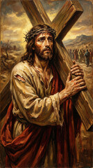 Obraz premium imagen artistica pintada de Jesucristo portando la cruz y la corona de espinas en el monte de los olivos