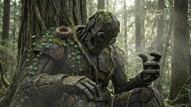 Ancient mossy golem robot with an empty bird nest and glowing eyes, sitting thoughtfully in a sunlit fantasy forest.