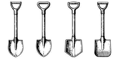 Four vintage shovels displayed in a simple illustrative black and white style © Ankan