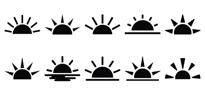 silhouette nature sun rising drawing icons and set of graphics nature elements