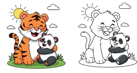 Cute cartoon tiger hugging a little panda bear on green grass. Happy wild animal best friends sitting together under the sun vector illustration for children. © MstSangita