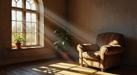 Fototapeta premium Cozy and Warm Interior Scene with Sunlit Window and Comfortable Chair