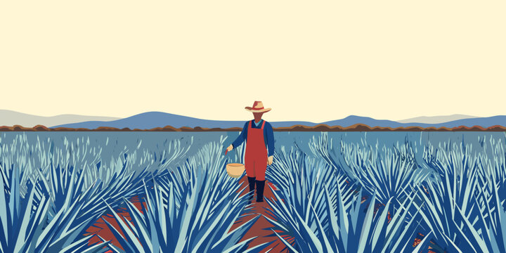 A lone farmer stands in a vibrant blue agave field with mountains