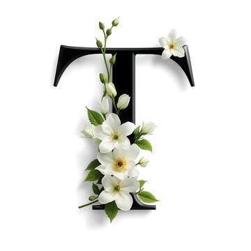 Black letter t decorated with white flowers on a clean background