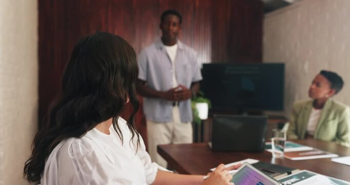 Business, woman and presentation with tablet in office for discussion, proofreading and feedback. People, communication and digital for copywriting, team planning and briefing for article submission