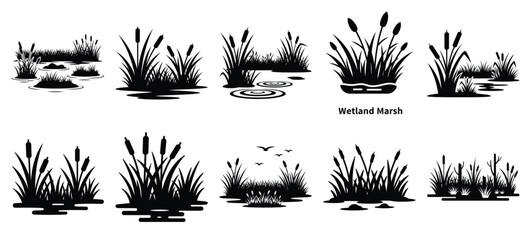 silhouette nature wetland marsh drawing icons and set of graphics nature elements © Bipul