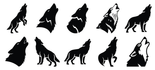 silhouette nature wolf howl drawing icons and set of graphics nature elements © Bipul