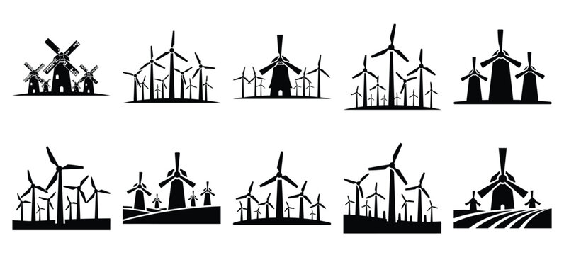 silhouette nature windmill field drawing icons and set of graphics nature elements