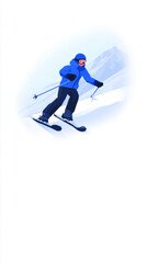 Obraz premium a person skiing down a mountain, a vector flat illustration style with a blue and white color scheme, a simple background 