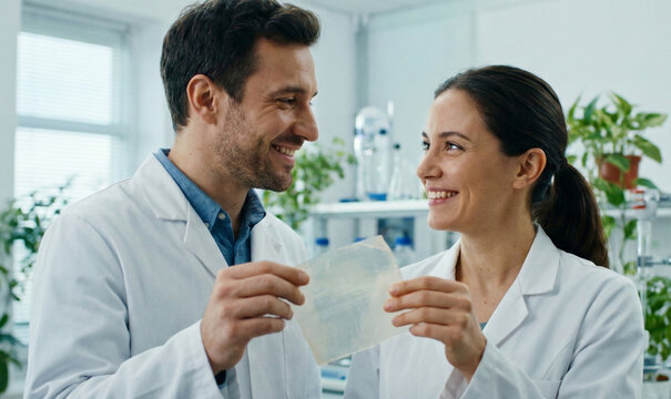 Scientists in a modern laboratory examining a sample of innovative biodegradable material.