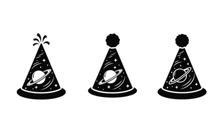 Three party hats with planetary designs in a stark silhouette © MdGolam
