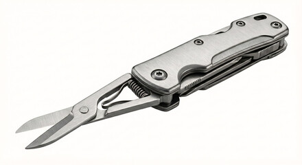 Obraz premium Professional studio shot of a stainless steel multitool with spring-action scissors deployed on white background.