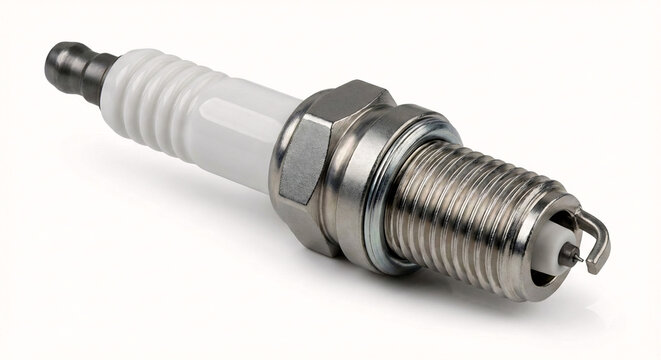 Macro view of a new automotive iridium spark plug with ceramic insulator isolated on white background.