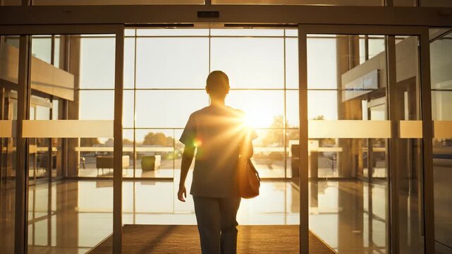 Nurse Walking Towards Hospital Entrance at Sunset