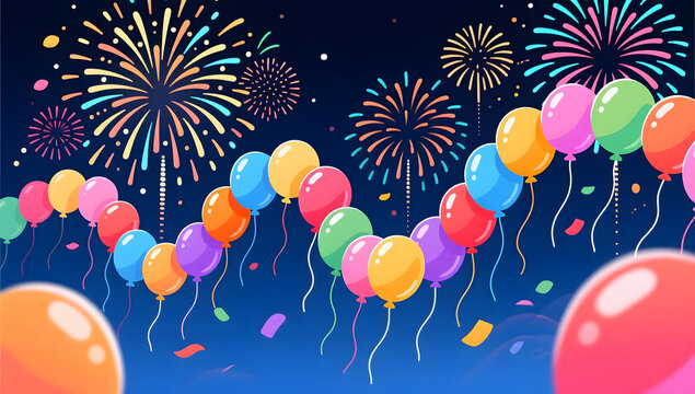 Dynamic wave of balloons and fireworks in the sky
