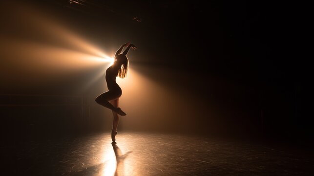 Dancer performs in spotlight during evening rehearsal in a dark studio