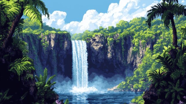 Majestic 32-Bit Pixel Art of a Stunning Waterfall Cascading into a Lush Jungle Gorge