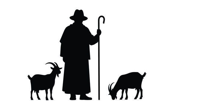 Old shepherd with goats and walking stick a striking silhouette