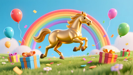 Obraz premium Golden horse running towards a rainbow over a field of gifts