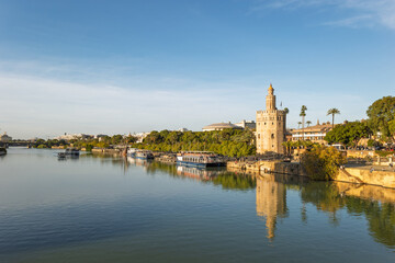 Scenic view of the Torre del Oro (Tower of Gold) situated along the Guadalquivir River in Seville, Spain. 