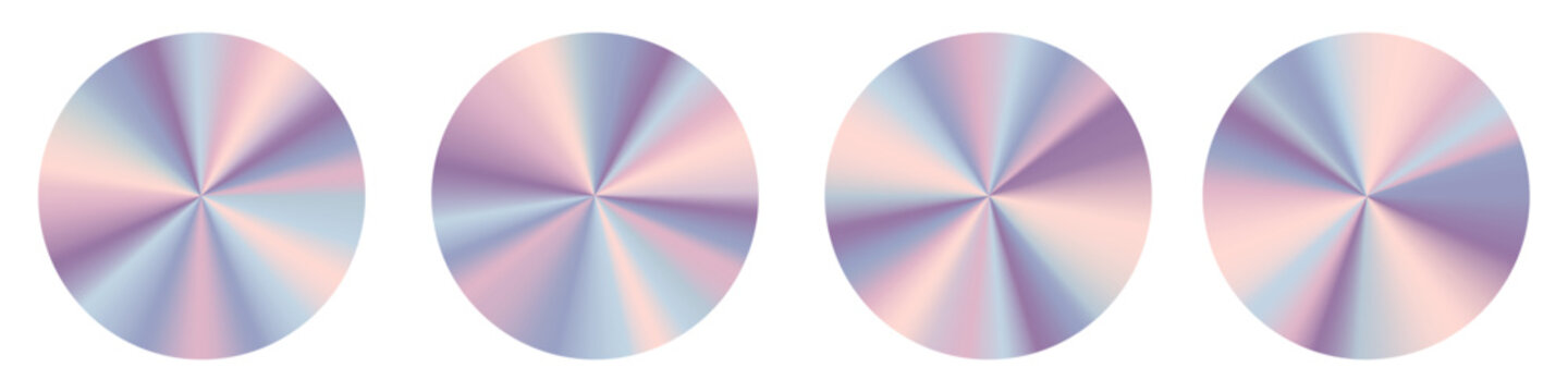 A set of neon holographic stickers. Pearlescent, shiny, round emblems with a rainbow shimmer. Blank templates with radial gradients. Vector glossy labels