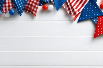 Obraz premium Festive Labor Day Celebration with Red, White, and Blue Decorations on a Flat Lay Surface
